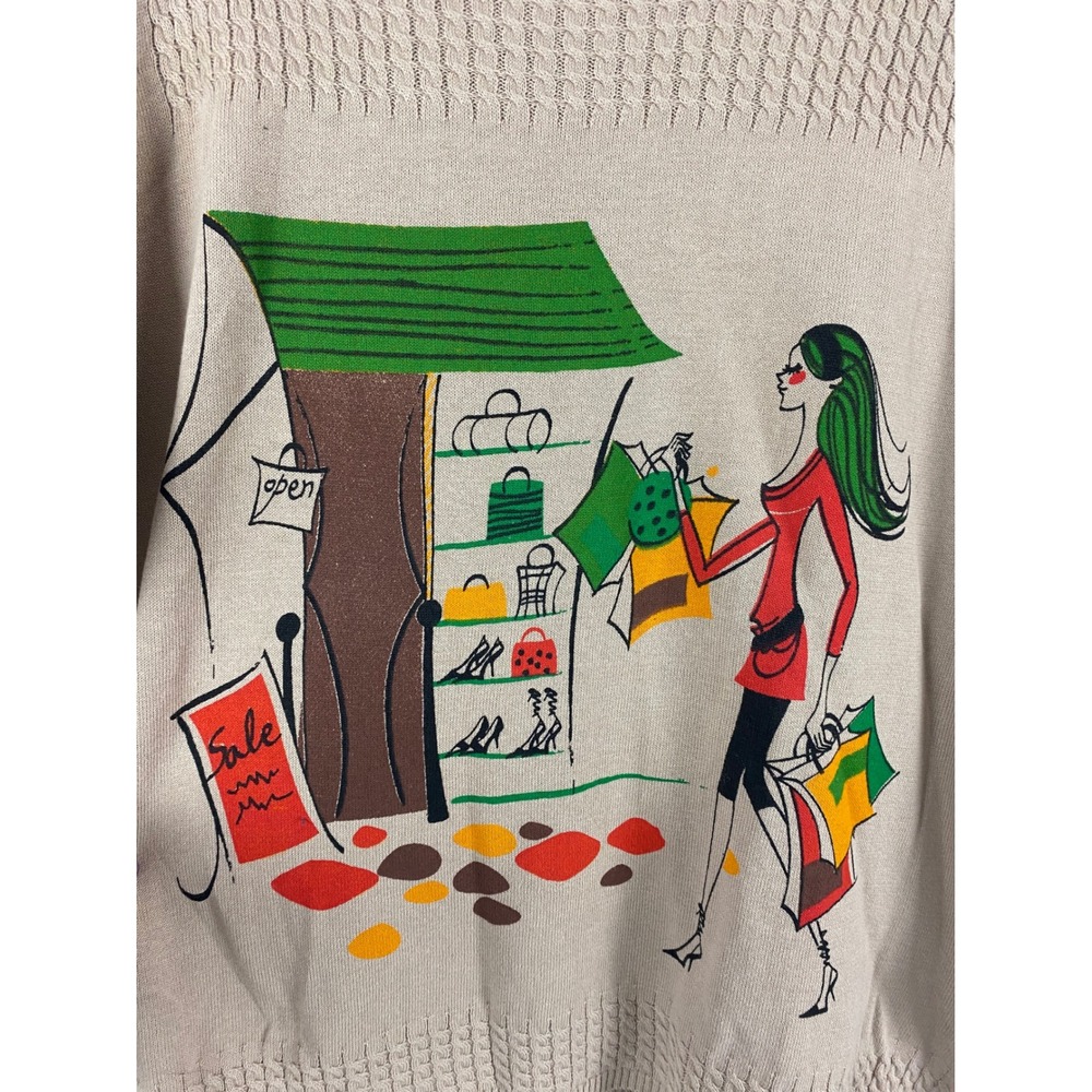 Womens Beige Shopping Scene Graphic Knit Sweater Long Sleeve Crew Neck - Picture 7 of 15
